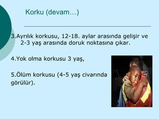 Korku (devam…)


3.Ayrılık korkusu, 12-18. aylar arasında gelişir ve
   2-3 yaş arasında doruk noktasına çıkar.

4.Yok olma korkusu 3 yaş,

5.Ölüm korkusu (4-5 yaş civarında
görülür).
 