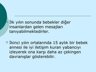    İlk yılın sonunda bebekler diğer
    insanlardan gelen mesajları
    tanıyabilmektedirler.

   İkinci yılın ortalarında 15 aylık bir bebek
    annesi ile iyi iletişim kuran yabancıyı
    izleyerek ona karşı daha az çekingen
    davranışlar gösterebilir.
 