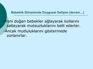 Bebeklik Döneminde Duygusal Gelişim (devam…)

-Yeni doğan bebekler ağlayarak kollarını
  sallayarak mutsuzluklarını belli ederler.
-Ancak mutluluklarını göstermede
  zorlanırlar.
 