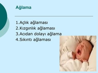 Ağlama


1.Açlık ağlaması
2.Kızgınlık ağlaması
3.Acıdan dolayı ağlama
4.Sıkıntı ağlaması
 