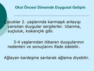 Okul Öncesi Dönemde Duygusal Gelişim


Çocuklar 2. yaşlarında karmaşık anlayışı
 yansıtan duygular sergilerler. Utanma,
 suçluluk, kıskançlık gibi.

    3-4 yaşlarından itibaren duygularının
 nedenleri ve sonuçlarını ifade edebilir.

Ağlayan kardeşine sarılarak ağlama diyebilir.
 