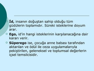    İd, insanın doğuştan sahip olduğu tüm
    güdülerin toplamıdır. Süreki isteklerine doyum
    arar.
   Ego, id’in hangi isteklerinin karşılanacağına dair
    kararı verir.
   Süperego ise, çocuğa anne babası tarafından
    aktarılan ve ödül ile ceza uygulamalarıyla
    pekiştirilen, geleneksel ve toplumsal değerlerin
    içsel temsilcisidir.
 