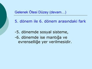 Gelenek Ötesi Düzey (devam…)

5. dönem ile 6. dönem arasındaki fark

-5. dönemde sosyal sisteme,
-6. dönemde ise mantığa ve
  evrenselliğe yer verilmesidir.
 