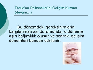 Freud’un Psikoseksüel Gelişim Kuramı
   (devam…)



     Bu dönemdeki gereksinimlerin
karşılanmaması durumunda, o döneme
aşırı bağımlılık oluşur ve sonraki gelişim
dönemleri bundan etkilenir.
 