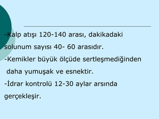-Kalp atışı 120-140 arası, dakikadaki
solunum sayısı 40- 60 arasıdır.
-Kemikler büyük ölçüde sertleşmediğinden
daha yumuşak ve esnektir.
-İdrar kontrolü 12-30 aylar arsında
gerçekleşir.
 