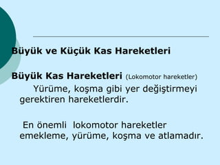 Büyük ve Küçük Kas Hareketleri

Büyük Kas Hareketleri (Lokomotor hareketler)
    Yürüme, koşma gibi yer değiştirmeyi
 gerektiren hareketlerdir.

  En önemli lokomotor hareketler
 emekleme, yürüme, koşma ve atlamadır.
 