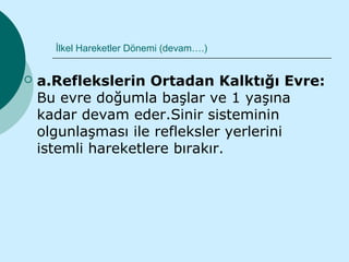 İlkel Hareketler Dönemi (devam….)


   a.Reflekslerin Ortadan Kalktığı Evre:
    Bu evre doğumla başlar ve 1 yaşına
    kadar devam eder.Sinir sisteminin
    olgunlaşması ile refleksler yerlerini
    istemli hareketlere bırakır.
 