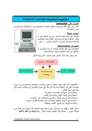 ‫ﻣﻔﺎﻫﻴﻢ ﺃﺳﺎﺳﻴﺔ ‪General Concepts‬‬
                                                      ‫ﺍﻝﺤﺎﺴﺏ ﺍﻵﻝﻰ ‪computer‬‬
‫ﻋﺒﺎﺭﺓ ﻋﻥ ﺠﻬﺎﺯ ﺇﻝﻜﺘﺭﻭﻨﻲ ﻴﻘﻭﻡ ﺒﺎﺴﺘﻘﺒﺎل ﺍﻝﺒﻴﺎﻨﺎﺕ ﻭﺘﺨﺯﻴﻨﺘﻬﺎ ﻭﻤﻥ ﺜﻡ ﻤﻌﺎﻝﺠﺘﻬﺎ ﻭﺇﺨﺭﺍﺠﻬﺎ ﻓﻰ‬
                                                                    ‫ﺼﻭﺭﺓ ﻤﻌﻠﻭﻤﺎﺕ .‬
                                                                     ‫ﺍﻝﺒﻴﺎﻨﺎﺕ ‪Data‬‬
                              ‫ﺍﻝﺒﻴﺎﻨﺎﺕ ﻫﻰ ﺍﻝﻤﺎﺩﺓ ﺍﻝﺨﺎﻡ ﺍﻷﻭﻝﻴﺔ ، ﺃﻯ ﻫﻰ ﺍﻝﺤﻘﺎﺌﻕ ﺍﻝﺘﻰ ﻻ‬
                              ‫ﻴﻤﻜﻥ ﺍﻹﺴﺘﻔﺎﺩﺓ ﻤﻨﻬﺎ ﻓﻰ ﺼﻭﺭﺘﻬﺎ ﺍﻝﺤﺎﻝﻴﺔ ﻭﻴﺘﻡ ﻤﻌﺎﻝﺠﺘﻬـﺎ‬
                               ‫ﻝﻺﺴﺘﻔﺎﺩﺓ ﻤﻨﻬﺎ ﻤﺜل ﺍﻝﺤﺭﻭﻑ ﻭﺍﻷﺭﻗﺎﻡ ﻭﺍﻝﺼﻭﺭ .... ﺍﻝﺦ .‬
                                                        ‫ﺍﻝﻤﻌﻠﻭﻤﺎﺕ ‪Information‬‬
                              ‫ﺍﻝﻤﻌﻠﻭﻤﺎﺕ ﻫﻰ ﻨﺎﺘﺞ ﻤﻌﺎﻝﺠﺔ ﺍﻝﺒﻴﺎﻨﺎﺕ ﺃﻯ ﺃﻨﻬﺎ ﺍﻝﺒﻴﺎﻨـﺎﺕ ﺃﻭ‬
                                    ‫ﺍﻝﺤﻘﺎﺌﻕ ﺍﻝﺘﻰ ﺘﻤﺕ ﻤﻌﺎﻝﺠﺘﻬﺎ ﻝﻴﺴﻬل ﺍﻹﺴﺘﻔﺎﺩﺓ ﻤﻨﻬﺎ .‬
                        ‫- ﻫﺫﺍ ﻭﻴﻤﺜل ﺩﺍﺌﻤﺎ ﺸﻜل ﺍﻝﺘﻌﺎﻤل ﺩﺍﺨل ﺍﻝﺤﺎﺴﺏ ﺍﻵﻝﻰ ﺒﻬﺫﺍ ﺍﻝﺸﻜل‬




‫- ﻓﺎﻝﻜﻤﺒﻴﻭﺘﺭ ﻜﻤﺎ ﺫﻜﺭﻨﺎ ﻴﻘﻭﻡ ﺒﺎﺴﺘﻘﺒﺎل ﻭﺘﺨﺯﻴﻥ ﺍﻝﺒﻴﺎﻨﺎﺕ ﻭﻤﻌﺎﻝﺠﺘﻬﺎ ﻭﺇﺨﺭﺍﺠﻬﺎ ﻓـﻰ ﺼـﻭﺭﺓ‬
‫ﻤﻌﻠﻭﻤﺎﺕ ﺤﺘﻰ ﻴﺘﻡ ﺍﻹﺴﺘﻔﺎﺩﺓ ﻤﻨﻪ ﻭﻗﺩ ﺃﺩﻯ ﺫﻝﻙ ﺇﻝﻰ ﺩﺨﻭل ﺍﻝﻜﻤﺒﻴﻭﺘﺭ ﻓﻰ ﻤﺠﺎﻻﺕ ﻋﺩﻴﺩﺓ ﻨﺫﻜﺭ‬
                                                             ‫ﻤﻨﻬﺎ ﻋﻠﻰ ﺴﺒﻴل ﺍﻝﻤﺜﺎل :‬
                                      ‫- ﺇﺴﺘﺨﺩﺍﻤﻪ ﻓﻰ ﺍﻝﺸﺭﻜﺎﺕ ﻭﺍﻝﻤﺅﺴﺴﺎﺕ ﺍﻝﺘﺠﺎﺭﻴﺔ.‬
                                    ‫- ﺇﺴﺘﺨﺩﺍﻤﻪ ﻓﻰ ﺍﻝﺒﺤﺙ ﺍﻝﻌﻠﻤﻰ ﻭﺍﻝﺼﻨﺎﻋﺔ ﻭﺍﻝﻁﺏ.‬
                   ‫- ﺇﺴﺘﺨﺩﺍﻤﻪ ﻓﻰ ﻋﺭﺽ ﺍﻷﺨﺒﺎﺭ ﻭﺍﻝﺘﺴﻭﻕ ﻭﺍﻝﻤﺤﺎﺩﺜﺎﺕ ﻋﺒﺭ ﺍﻹﻨﺘﺭﻨﺕ.‬
             ‫- ﺇﺴﺘﺨﺩﺍﻤﻪ ﻓﻰ ﺍﻷﻋﻤﺎل ﺍﻝﻤﻜﺘﺒﻴﺔ ﻭﻜﺘﺎﺒﺔ ﺍﻝﺭﺴﺎﺌل ﻭﻁﺒﺎﻋﺔ ﺍﻝﺘﻘﺎﺭﻴﺭ ﻭﻏﻴﺭﻫﺎ.‬
                                    ‫- ﺇﺴﺘﺨﺩﺍﻤﻪ ﻝﻠﺘﺭﻓﻴﻪ ﻋﻥ ﻁﺭﻴﻕ ﺍﻷﻝﻌﺎﺏ ﺍﻝﻤﺨﺘﻠﻔﺔ .‬

‫ﻭﻫﻨﺎﻙ ﺍﻝﻜﺜﻴﺭ ﻭﺍﻝﻜﺜﻴﺭ ﻤﻥ ﺍﻝﻤﺠﺎﻻﺕ ﺍﻝﺘﻰ ﻴﺴﺘﺨﺩﻡ ﻓﻴﻬﺎ ﺍﻝﺤﺎﺴﺏ ﻜﻤﺎ ﺴﻴﺩﺨل ﻤـﺴﺘﻘﺒﻼ ﻓـﻰ‬
    ‫ﹰ‬
  ‫ﻤﺠﻼﺕ ﺃﺨﺭﻯ .. ﻭﺼﺩﻕ ﻗﻭل ﺍﻝﺨﺎﻝﻕ ﺴﺒﺤﺎﻨﻪ ﻭﺘﻌﺎﻝﻰ " ﻭﻤﺎ ﺃﻭﺘﻴﺘﻡ ﻤﻥ ﺍﻝﻌﻠﻡ ﺇﻻ ﻗﻠﻴﻼ " .‬


 ‫‪Prepared By Ahmed Ahmed Sayed‬‬                                                   ‫٥‬
 