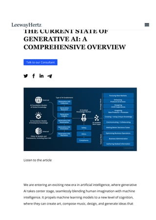 THE CURRENT STATE OF
GENERATIVE AI: A
COMPREHENSIVE OVERVIEW
Talk to our Consultant
 
Listen to the article
We are entering an exciting new era in arti몭cial intelligence, where generative
AI takes center stage, seamlessly blending human imagination with machine
intelligence. It propels machine learning models to a new level of cognition,
where they can create art, compose music, design, and generate ideas that
 
 