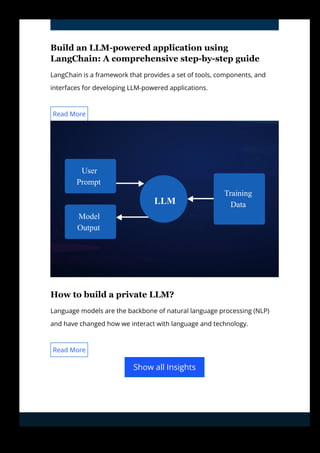 Build an LLM­powered application using
LangChain: A comprehensive step­by­step guide
LangChain is a framework that provides a set of tools, components, and
interfaces for developing LLM-powered applications.
How to build a private LLM?
Language models are the backbone of natural language processing (NLP)
and have changed how we interact with language and technology.
Read More
User
Prompt
Model
Output
LLM
Training
Data
Read More
Show all Insights
 