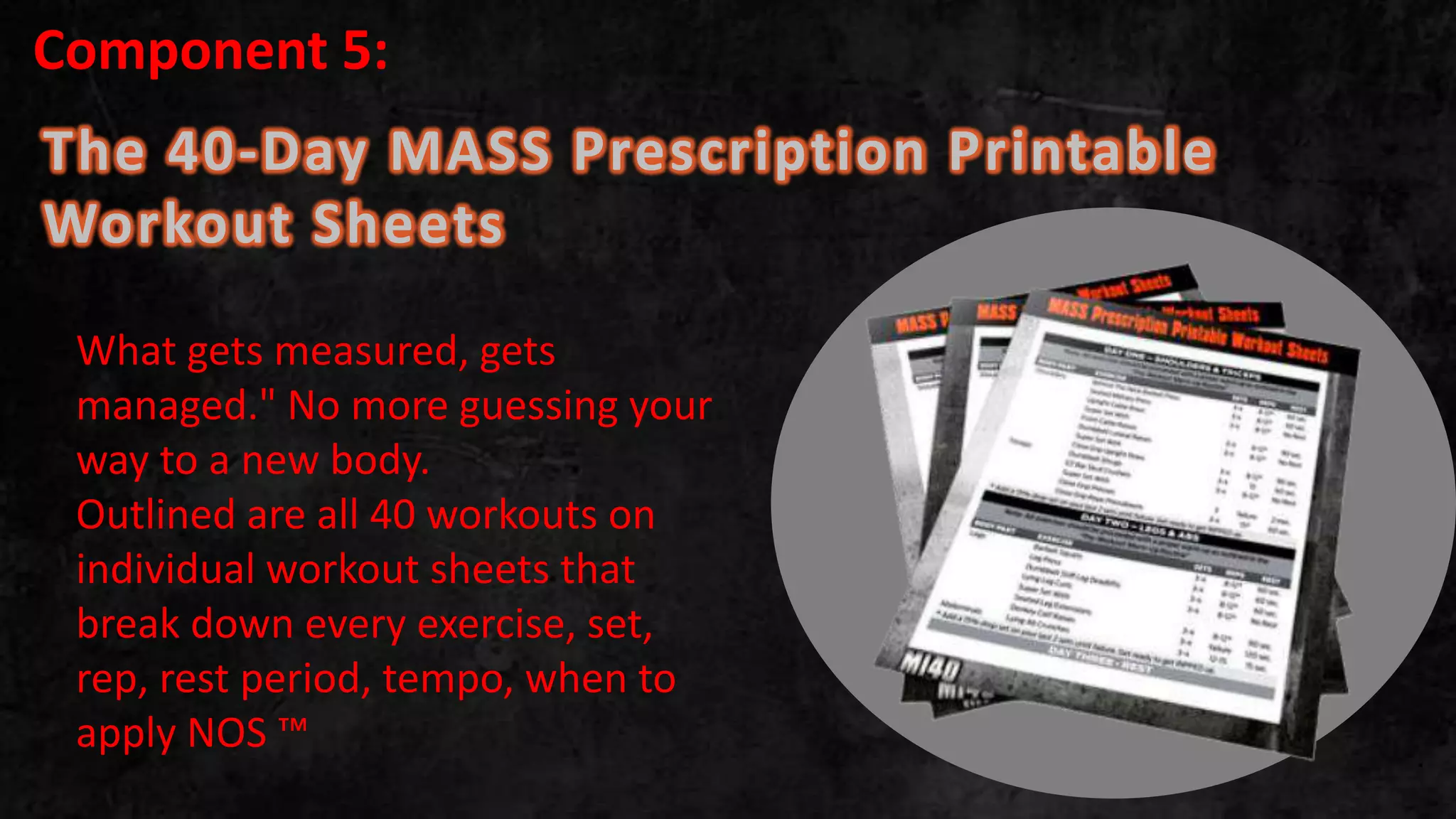 The 40-Day MASS Prescription Printable
Workout Sheets
.
What gets measured, gets
managed." No more guessing your
way to a new body.
Outlined are all 40 workouts on
individual workout sheets that
break down every exercise, set,
rep, rest period, tempo, when to
apply NOS ™
Component 5:
 