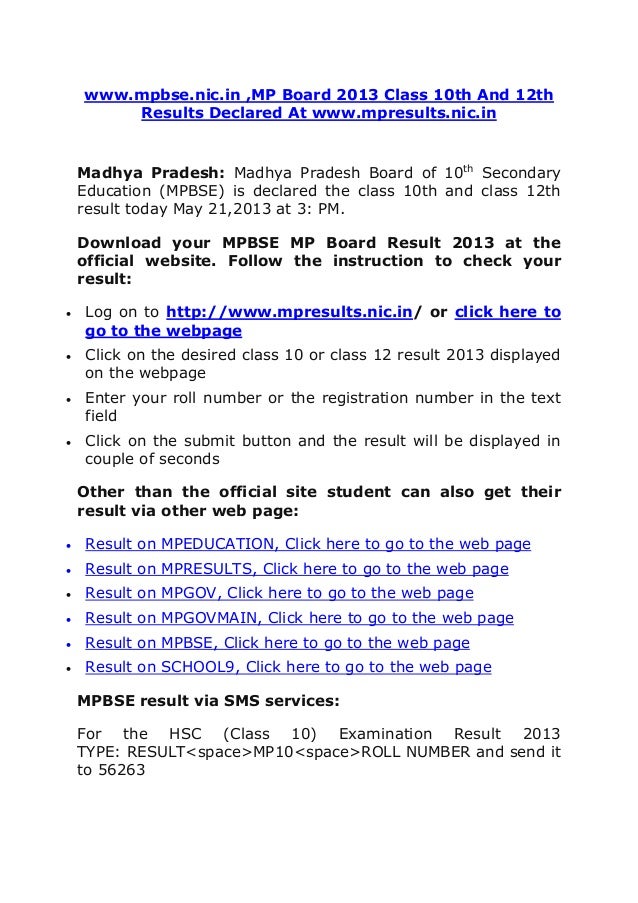 Www.mpbse.nic.in ,mp board 2013 class 10th and 12th results www.mpres…