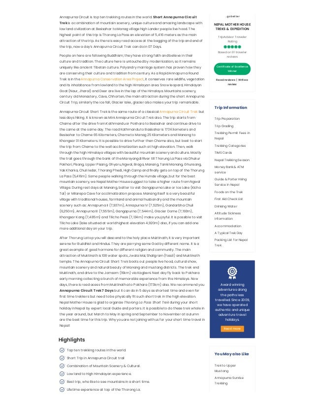 Short Annapurna Circuit Trek | PDF