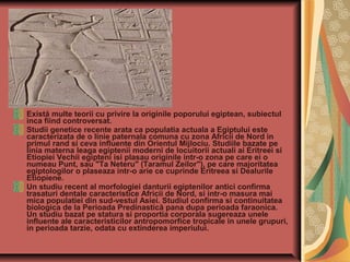 Există multe teorii cu privire la originile poporului egiptean, subiectul
inca fiind controversat.
Studii genetice recente arata ca populatia actuala a Egiptului este
caracterizata de o linie paternala comuna cu zona Africii de Nord in
primul rand si ceva influente din Orientul Mijlociu. Studiile bazate pe
linia materna leaga egiptenii moderni de locuitorii actuali ai Eritreei si
Etiopiei Vechii egipteni isi plasau originile intr-o zona pe care ei o
numeau Punt, sau "Ta Neteru" (Taramul Zeilor"), pe care majoritatea
egiptologilor o plaseaza intr-o arie ce cuprinde Eritreea si Dealurile
Etiopiene.
Un studiu recent al morfologiei danturii egiptenilor antici confirma
trasaturi dentale caracteristice Africii de Nord, si intr-o masura mai
mica populatiei din sud-vestul Asiei. Studiul confirma si continuitatea
biologica de la Perioada Predinastică pana dupa perioada faraonica.
Un studiu bazat pe statura si proportia corporala sugereaza unele
influente ale caracteristicilor antropomorfice tropicale in unele grupuri,
in perioada tarzie, odata cu extinderea imperiului.
 