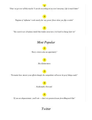 Most Popular
Twitter
3
"Once we get over all this macho 'I can do everything on my own' nonsense, Life is much better"
4
"Engines of 'inﬂuence' work exactly the way power ﬂows when you ﬂip a switch"
5
"You want to see a business model that makes sense now; it is hard to change later on"
1
“Every crisis is also an opportunity”
2
The Globetrotters
3
"No matter how sincere your eﬀorts though, the competition will never let go of things easily"
4
Fashionably Forward
5
“If you are dispassionate, you'll win — that's my greatest lesson from Bhagwad Gita”
 