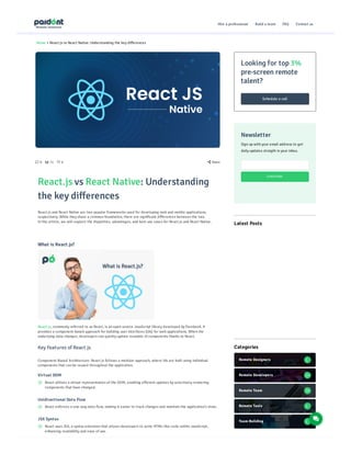 Home > React.js vs React Native: Understanding the key differences
 0  71  0  Share
React.js vs React Native: Understanding
the key differences
React.js and React Native are two popular frameworks used for developing web and mobile applications,
respectively. While they share a common foundation, there are significant differences between the two.
In this article, we will explore the disparities, advantages, and best use cases for React.js and React Native.
What is React.js?
React.js, commonly referred to as React, is an open-source JavaScript library developed by Facebook. It
provides a component-based approach for building user interfaces (UIs) for web applications. When the
underlying data changes, developers can quickly update reusable UI components thanks to React.
Key Features of React.js
Component-Based Architecture: React.js follows a modular approach, where UIs are built using individual
components that can be reused throughout the application.
Virtual DOM
React utilizes a virtual representation of the DOM, enabling efficient updates by selectively rendering
components that have changed.
Unidirectional Data Flow
React enforces a one-way data flow, making it easier to track changes and maintain the application’s state.
JSX Syntax
React uses JSX, a syntax extension that allows developers to write HTML-like code within JavaScript,
enhancing readability and ease of use.
Looking for top 3%
pre-screen remote
talent?
Schedule a call
Newsletter
Sign up with your email address to get
daily updates straight in your inbox.
SUBSCRIBE
Latest Posts
Categories
Please enter your e-mail
Remote Designers 3
Remote Designers 3
Remote Developers 25
Remote Developers 25
Remote Team 30
Remote Team 30
Remote Tools 5
Remote Tools 5
Team Building 1
Team Building 1
Hire a professional Build a team FAQ Contact us
 