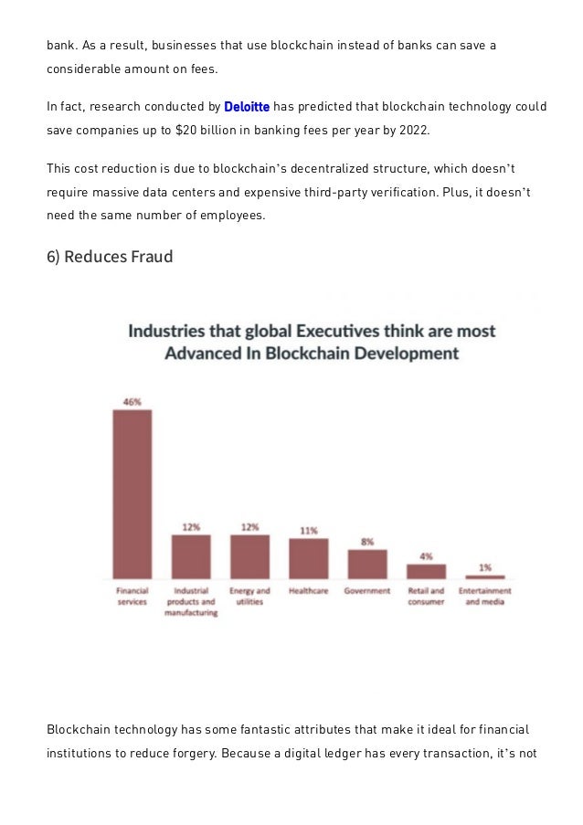 bank. As a result, businesses that use blockchain instead of banks can save a
considerable amount on fees.
In fact, research conducted by Deloitte has predicted that blockchain technology could
save companies up to $20 billion in banking fees per year by 2022. 
This cost reduction is due to blockchain’s decentralized structure, which doesn’t
require massive data centers and expensive third-party verification. Plus, it doesn’t
need the same number of employees.
6) Reduces Fraud
Blockchain technology has some fantastic attributes that make it ideal for financial
institutions to reduce forgery. Because a digital ledger has every transaction, it’s not
 