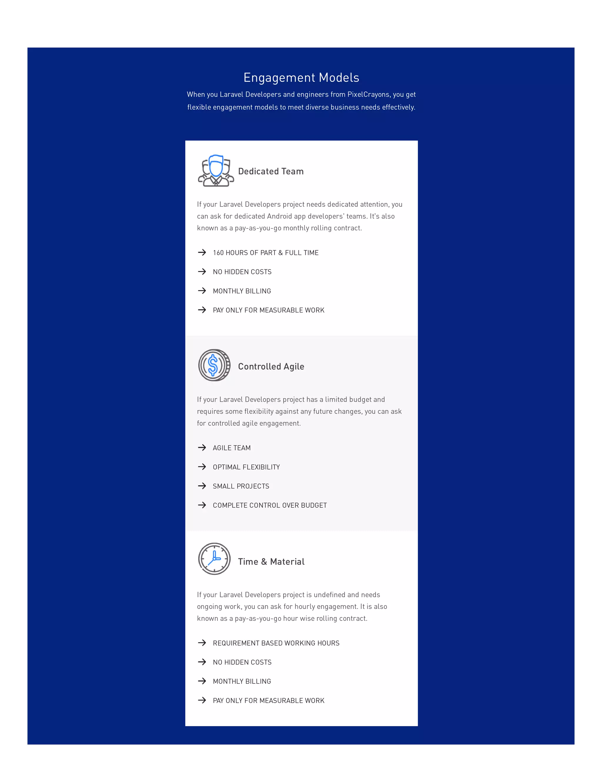 Engagement Models
When you Laravel Developers and engineers from PixelCrayons, you get
flexible engagement models to meet diverse business needs effectively.
Dedicated Team
If your Laravel Developers project needs dedicated attention, you
can ask for dedicated Android app developers' teams. It’s also
known as a pay-as-you-go monthly rolling contract.
Controlled Agile
If your Laravel Developers project has a limited budget and
requires some flexibility against any future changes, you can ask
for controlled agile engagement.
Time & Material
If your Laravel Developers project is undefined and needs
ongoing work, you can ask for hourly engagement. It is also
known as a pay-as-you-go hour wise rolling contract.
160 HOURS OF PART & FULL TIME
NO HIDDEN COSTS
MONTHLY BILLING
PAY ONLY FOR MEASURABLE WORK
AGILE TEAM
OPTIMAL FLEXIBILITY
SMALL PROJECTS
COMPLETE CONTROL OVER BUDGET
REQUIREMENT BASED WORKING HOURS
NO HIDDEN COSTS
MONTHLY BILLING
PAY ONLY FOR MEASURABLE WORK
 