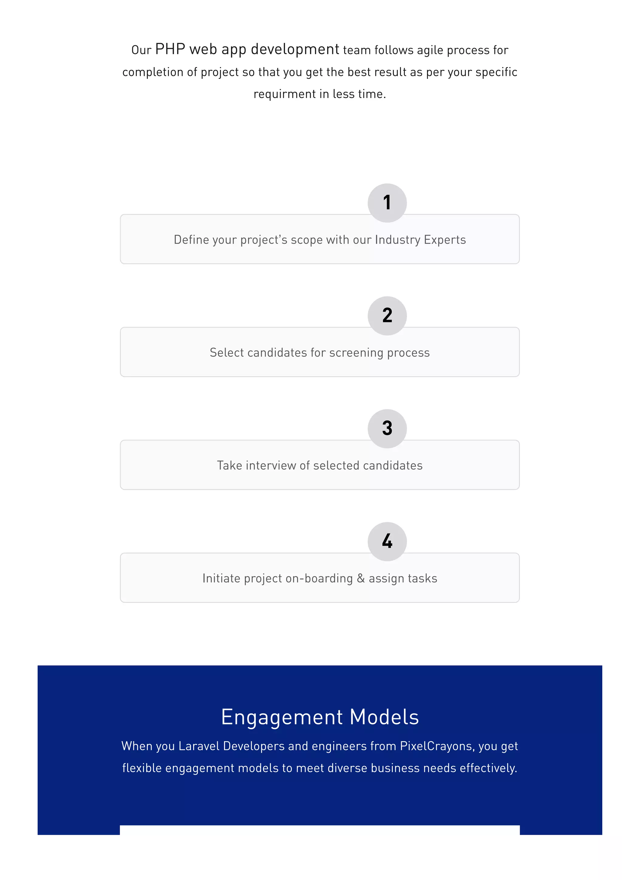 Our PHP web app development team follows agile process for
completion of project so that you get the best result as per your specific
requirment in less time.
Define your project’s scope with our Industry Experts
1
Select candidates for screening process
2
Take interview of selected candidates
3
Initiate project on-boarding & assign tasks
4
Engagement Models
When you Laravel Developers and engineers from PixelCrayons, you get
flexible engagement models to meet diverse business needs effectively.
 