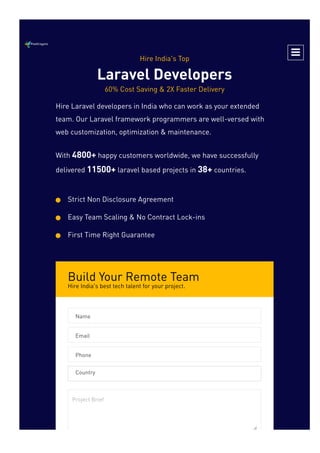 Build Your Remote Team
Hire India's best tech talent for your project.
Hire India's Top
Laravel Developers
60% Cost Saving & 2X Faster Delivery
Hire Laravel developers in India who can work as your extended
team. Our Laravel framework programmers are well-versed with
web customization, optimization & maintenance.
With 4800+ happy customers worldwide, we have successfully
delivered 11500+ laravel based projects in 38+ countries.
Strict Non Disclosure Agreement

Easy Team Scaling & No Contract Lock-ins

First Time Right Guarantee

Name
Email
Phone
Country
Project Brief

 