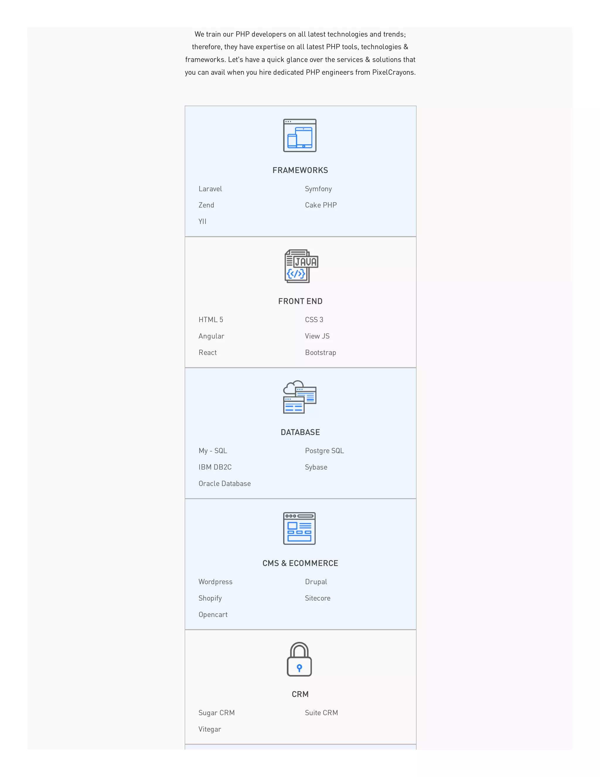 We train our PHP developers on all latest technologies and trends;
therefore, they have expertise on all latest PHP tools, technologies &
frameworks. Let’s have a quick glance over the services & solutions that
you can avail when you hire dedicated PHP engineers from PixelCrayons.
FRAMEWORKS
Laravel Symfony
Zend Cake PHP
YII
FRONT END
HTML 5 CSS 3
Angular View JS
React Bootstrap
DATABASE
My - SQL Postgre SQL
IBM DB2C Sybase
Oracle Database
CMS & ECOMMERCE
Wordpress Drupal
Shopify Sitecore
Opencart
CRM
Sugar CRM Suite CRM
Vitegar
 