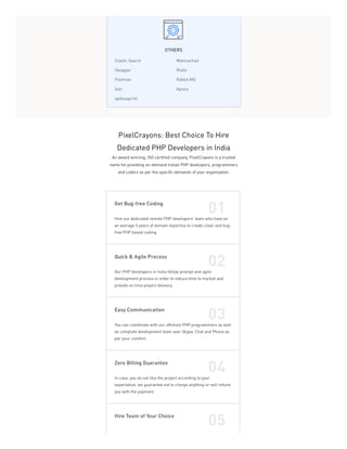 OTHERS
Elastic Search Memcached
Swagger Redis
Postman Rabbit MQ
Solr Apiary
apiblueprint
PixelCrayons: Best Choice To Hire
Dedicated PHP Developers in India
An award winning, ISO certified company, PixelCrayons is a trusted
name for providing on-demand Indian PHP developers, programmers
and coders as per the specific demands of your organization.
Get Bug-free Coding
01
Hire our dedicated remote PHP developers' team who have on
an average 5 years of domain expertise to create clean and bug
free PHP based coding.
Quick & Agile Process
02
Our PHP developers in India follow prompt and agile
development process in order to reduce time to market and
provide on time project delivery.
Easy Communication
03
You can coordinate with our offshore PHP programmers as well
as complete development team over Skype, Chat and Phone as
per your comfort.
Zero Billing Guarantee
04
In case, you do not like the project according to your
expectation, we guarantee not to charge anything or will refund
you with the payment.
Hire Team of Your Choice
05
 