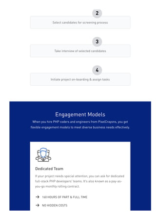 Select candidates for screening process
2
Take interview of selected candidates
3
Initiate project on-boarding & assign tasks
4
Engagement Models
When you hire PHP coders and engineers from PixelCrayons, you get
flexible engagement models to meet diverse business needs effectively.
Dedicated Team
If your project needs special attention, you can ask for dedicated
full-stack PHP developers' teams. It’s also known as a pay-as-
you-go monthly rolling contract.
160 HOURS OF PART & FULL TIME
NO HIDDEN COSTS
 