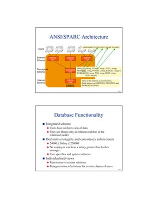 1-15
ANSI/SPARC Architecture
External
Schema
Conceptual
Schema
Internal
Schema
Internal
view
Conceptual
view
External
view
External
view
External
view
Users
DBMS
EMP(ENO: string, ENAME: string, TITLE: string)
PROJ(PNO: string, PNAME: string, BUDGET: integer)
WORKS(ENO: string, PNO: string, RESP: string,
DUR: integer)
Store all the relations as unsorted files.
Build indexes on EMP(ENO), PROJ(PNO) and
WORKS(ENO,PNO).
ASSIGNMENT(ENO,PNO,ENAME,PNAME)
1-16
Database Functionality
Integrated schema
!
Users have uniform view of data
!
They see things only as relations (tables) in the
relational model
Declarative integrity and consistency enforcement
!
24000 ≤ Salary ≤ 250000
!
No employee can have a salary greater than his/her
manager.
!
User specifies and system enforces.
Individualized views
!
Restrictions to certain relations
!
Reorganization of relations for certain classes of users
 