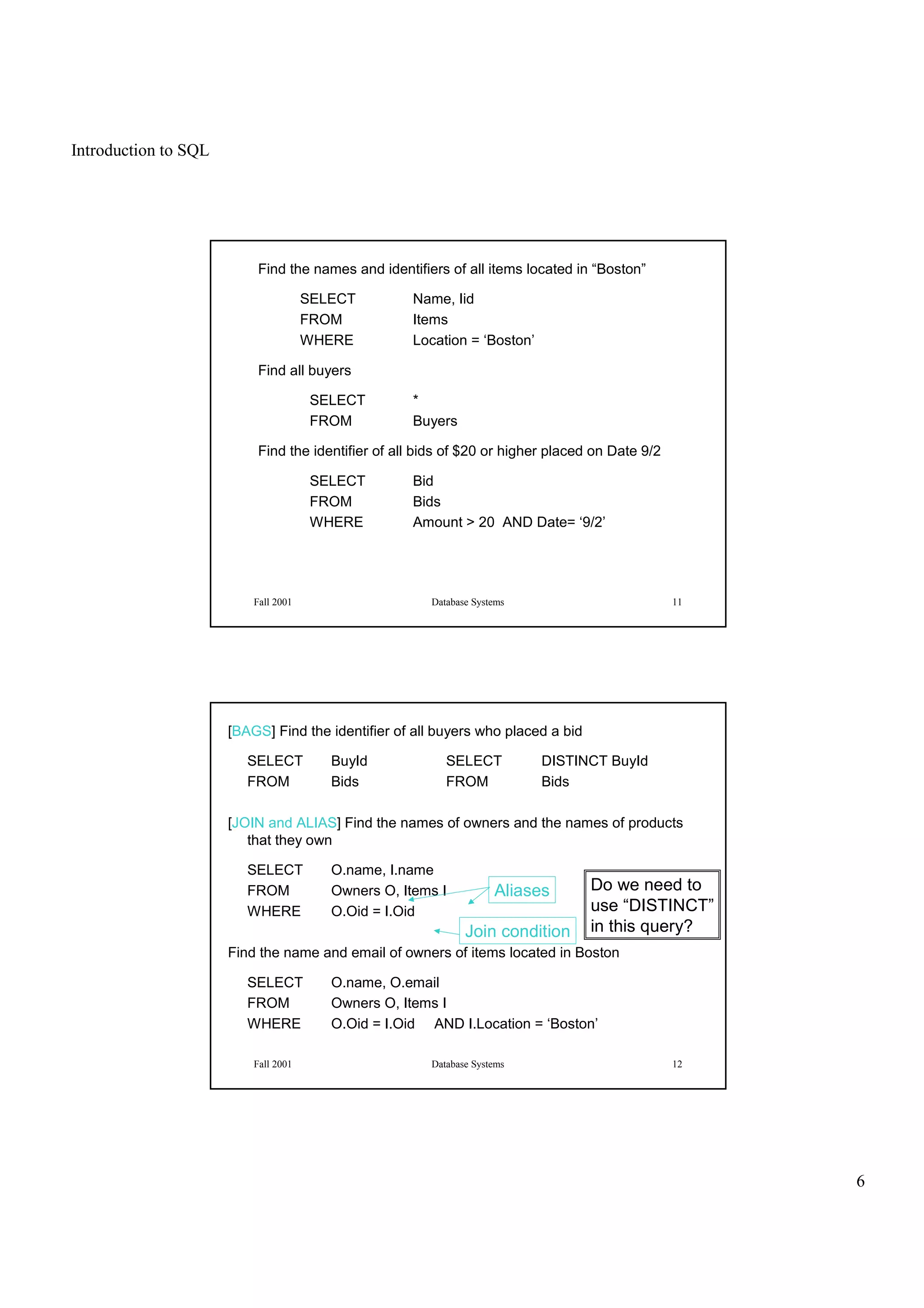 Introduction to SQL
6
Fall 2001 Database Systems 11
Find the names and identifiers of all items located in “Boston”
SELECT Name, Iid
FROM Items
WHERE Location = ‘Boston’
Find all buyers
SELECT *
FROM Buyers
Find the identifier of all bids of $20 or higher placed on Date 9/2
SELECT Bid
FROM Bids
WHERE Amount > 20 AND Date= ‘9/2’
Fall 2001 Database Systems 12
[BAGS] Find the identifier of all buyers who placed a bid
SELECT BuyId SELECT DISTINCT BuyId
FROM Bids FROM Bids
[JOIN and ALIAS] Find the names of owners and the names of products
that they own
SELECT O.name, I.name
FROM Owners O, Items I
WHERE O.Oid = I.Oid
Find the name and email of owners of items located in Boston
SELECT O.name, O.email
FROM Owners O, Items I
WHERE O.Oid = I.Oid AND I.Location = ‘Boston’
Aliases
Join condition
Do we need to
use “DISTINCT”
in this query?
 