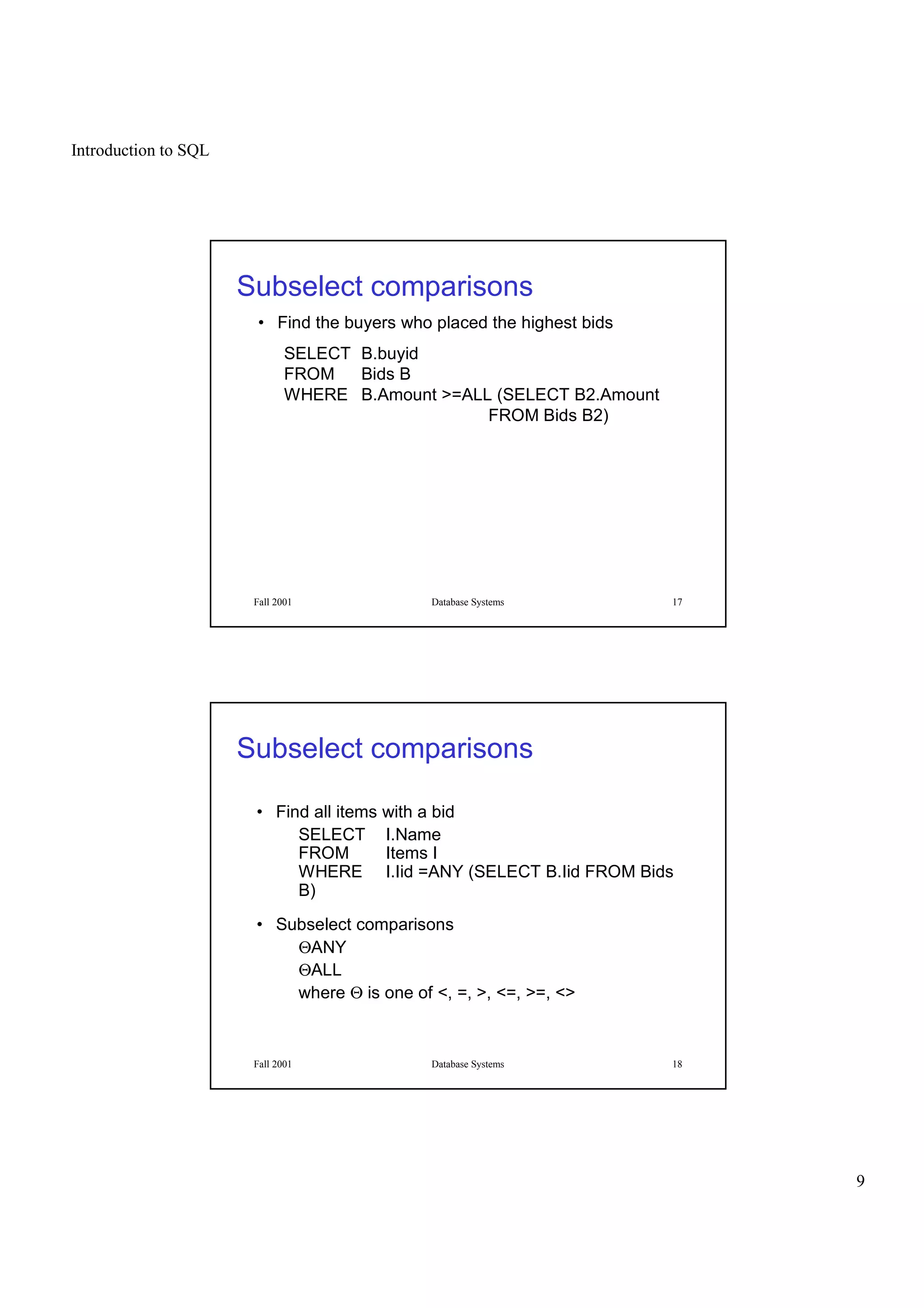 Introduction to SQL
9
Fall 2001 Database Systems 17
Subselect comparisons
• Find the buyers who placed the highest bids
SELECT B.buyid
FROM Bids B
WHERE B.Amount >=ALL (SELECT B2.Amount
FROM Bids B2)
Fall 2001 Database Systems 18
Subselect comparisons
• Find all items with a bid
SELECT I.Name
FROM Items I
WHERE I.Iid =ANY (SELECT B.Iid FROM Bids
B)
• Subselect comparisons
ΘANY
ΘALL
where Θ is one of <, =, >, <=, >=, <>
 