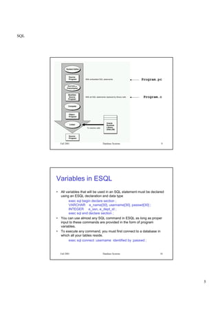 SQL
5
Fall 2001 Database Systems 9
Program.pc
Program.c
Fall 2001 Database Systems 10
Variables in ESQL
• All variables that will be used in an SQL statement must be declared
using an ESQL declaration and data type
exec sql begin declare section ;
VARCHAR e_name[30], username[30], passwd[30] ;
INTEGER e_ssn, e_dept_id ;
exec sql end declare section ;
• You can use almost any SQL command in ESQL as long as proper
input to these commands are provided in the form of program
variables.
• To execute any command, you must first connect to a database in
which all your tables reside.
exec sql connect :username identified by :passwd ;
 