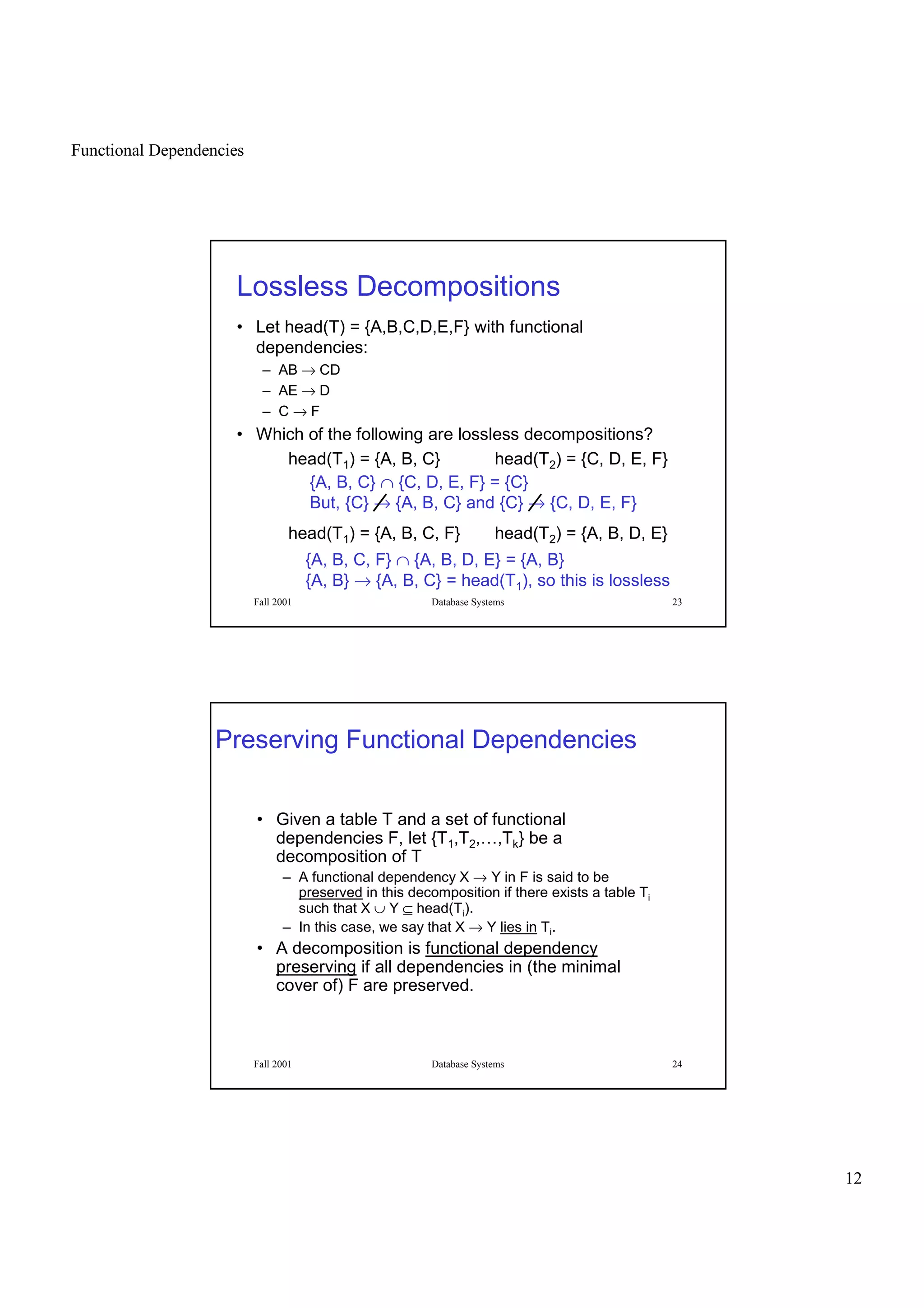 Functional Dependencies
12
Fall 2001 Database Systems 23
Lossless Decompositions
• Let head(T) = {A,B,C,D,E,F} with functional
dependencies:
– AB → CD
– AE → D
– C → F
• Which of the following are lossless decompositions?
head(T1) = {A, B, C} head(T2) = {C, D, E, F}
head(T1) = {A, B, C, F} head(T2) = {A, B, D, E}
{A, B, C} ∩ {C, D, E, F} = {C}
But, {C} → {A, B, C} and {C} → {C, D, E, F}
{A, B, C, F} ∩ {A, B, D, E} = {A, B}
{A, B} → {A, B, C} = head(T1), so this is lossless
Fall 2001 Database Systems 24
Preserving Functional Dependencies
• Given a table T and a set of functional
dependencies F, let {T1,T2,…,Tk} be a
decomposition of T
– A functional dependency X → Y in F is said to be
preserved in this decomposition if there exists a table Ti
such that X ∪ Y ⊆ head(Ti).
– In this case, we say that X → Y lies in Ti.
• A decomposition is functional dependency
preserving if all dependencies in (the minimal
cover of) F are preserved.
 