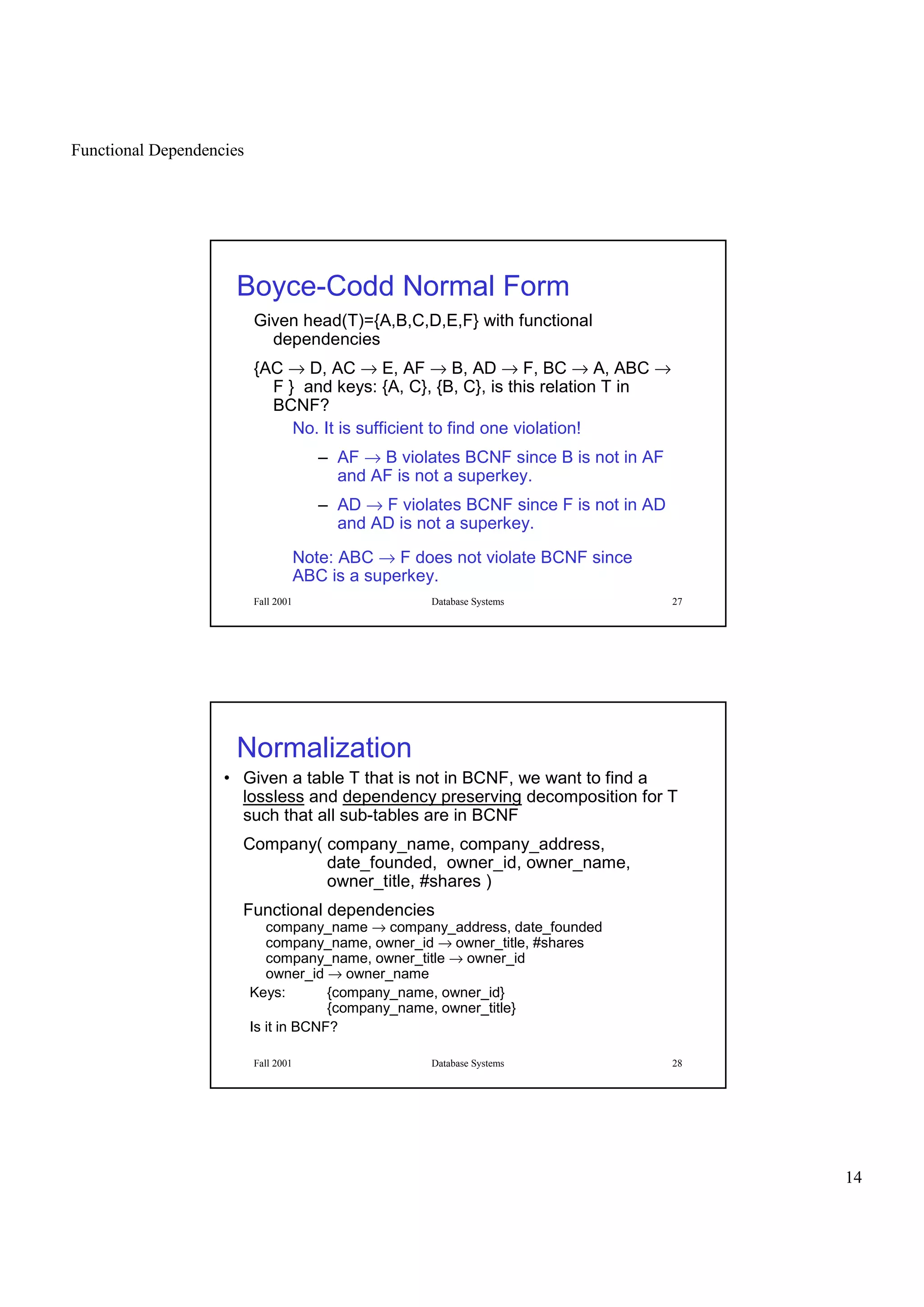 Functional Dependencies
14
Fall 2001 Database Systems 27
Boyce-Codd Normal Form
Given head(T)={A,B,C,D,E,F} with functional
dependencies
{AC → D, AC → E, AF → B, AD → F, BC → A, ABC →
F } and keys: {A, C}, {B, C}, is this relation T in
BCNF?
No. It is sufficient to find one violation!
– AF → B violates BCNF since B is not in AF
and AF is not a superkey.
– AD → F violates BCNF since F is not in AD
and AD is not a superkey.
Note: ABC → F does not violate BCNF since
ABC is a superkey.
Fall 2001 Database Systems 28
Normalization
• Given a table T that is not in BCNF, we want to find a
lossless and dependency preserving decomposition for T
such that all sub-tables are in BCNF
Company( company_name, company_address,
date_founded, owner_id, owner_name,
owner_title, #shares )
Functional dependencies
company_name → company_address, date_founded
company_name, owner_id → owner_title, #shares
company_name, owner_title → owner_id
owner_id → owner_name
Keys: {company_name, owner_id}
{company_name, owner_title}
Is it in BCNF?
 