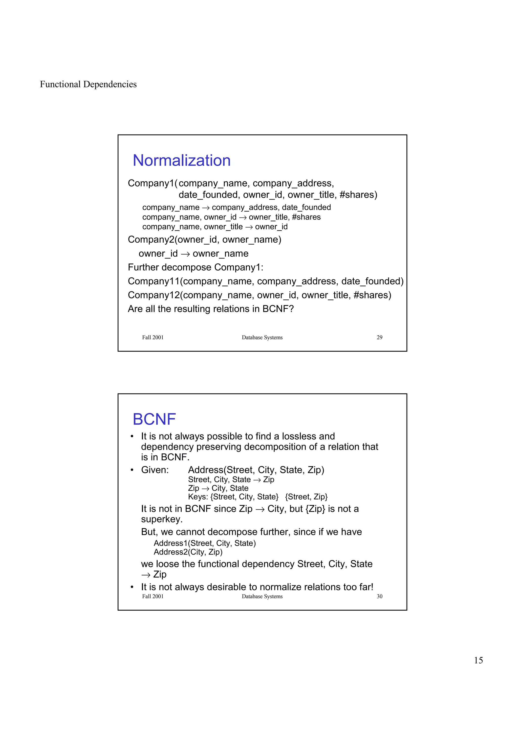 Functional Dependencies
15
Fall 2001 Database Systems 29
Normalization
Company1(company_name, company_address,
date_founded, owner_id, owner_title, #shares)
company_name → company_address, date_founded
company_name, owner_id → owner_title, #shares
company_name, owner_title → owner_id
Company2(owner_id, owner_name)
owner_id → owner_name
Further decompose Company1:
Company11(company_name, company_address, date_founded)
Company12(company_name, owner_id, owner_title, #shares)
Are all the resulting relations in BCNF?
Fall 2001 Database Systems 30
BCNF
• It is not always possible to find a lossless and
dependency preserving decomposition of a relation that
is in BCNF.
• Given: Address(Street, City, State, Zip)
Street, City, State → Zip
Zip → City, State
Keys: {Street, City, State} {Street, Zip}
It is not in BCNF since Zip → City, but {Zip} is not a
superkey.
But, we cannot decompose further, since if we have
Address1(Street, City, State)
Address2(City, Zip)
we loose the functional dependency Street, City, State
→ Zip
• It is not always desirable to normalize relations too far!
 