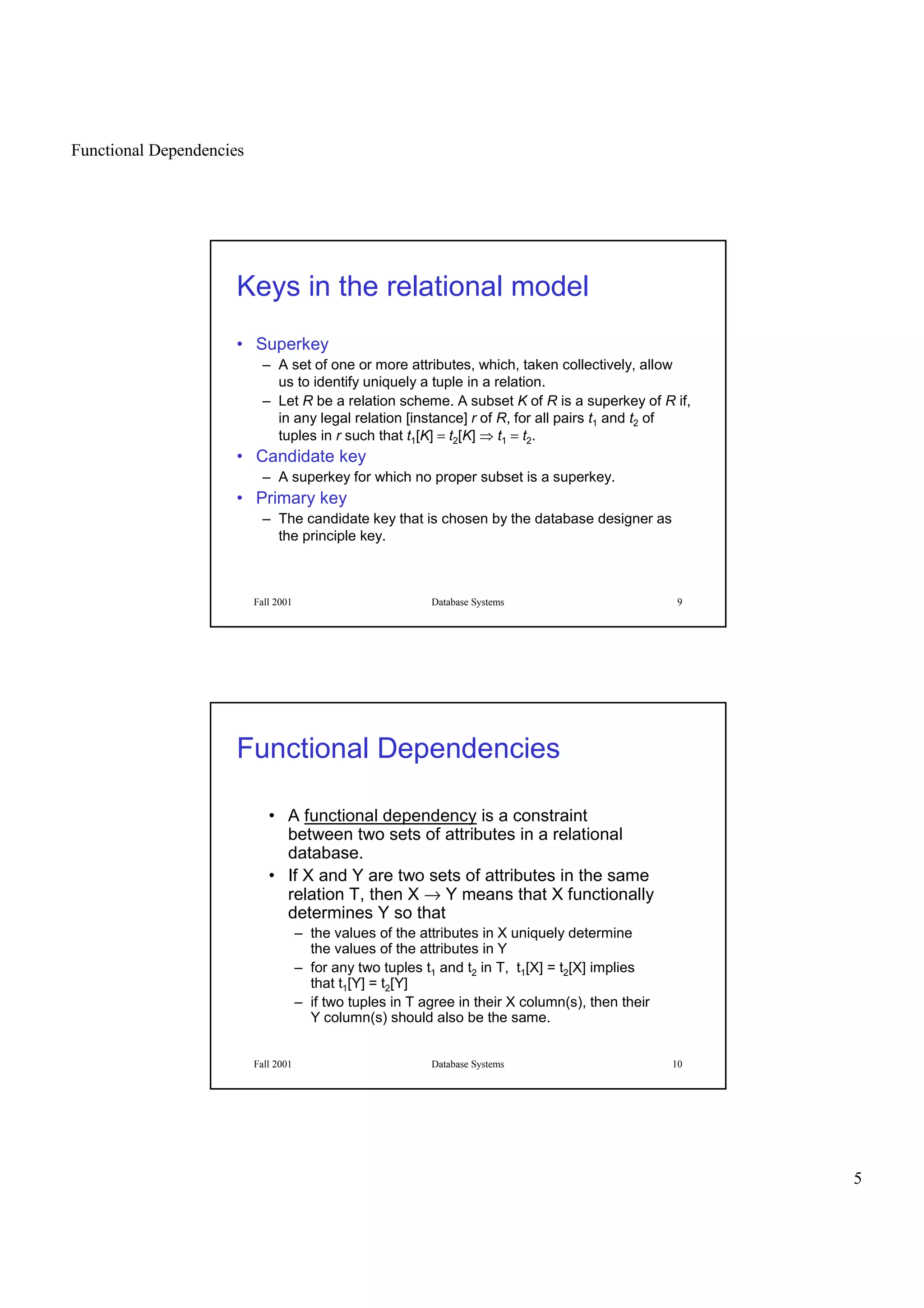 Functional Dependencies
5
Fall 2001 Database Systems 9
Keys in the relational model
• Superkey
– A set of one or more attributes, which, taken collectively, allow
us to identify uniquely a tuple in a relation.
– Let R be a relation scheme. A subset K of R is a superkey of R if,
in any legal relation [instance] r of R, for all pairs t1 and t2 of
tuples in r such that t1[K] = t2[K]
 
t1 = t2.
• Candidate key
– A superkey for which no proper subset is a superkey.
• Primary key
– The candidate key that is chosen by the database designer as
the principle key.
Fall 2001 Database Systems 10
Functional Dependencies
• A functional dependency is a constraint
between two sets of attributes in a relational
database.
• If X and Y are two sets of attributes in the same
relation T, then X → Y means that X functionally
determines Y so that
– the values of the attributes in X uniquely determine
the values of the attributes in Y
– for any two tuples t1 and t2 in T, t1[X] = t2[X] implies
that t1[Y] = t2[Y]
– if two tuples in T agree in their X column(s), then their
Y column(s) should also be the same.
 