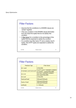Query Optimization
10
Fall 2001 Database Systems 19
Filter Factors
• Assume that the conditions in a WHERE clause are
“anded” together
• Then any condition in the WHERE clause eliminates
from the result the tuples that do not satisfy that
condition
• A filter factor for a condition is the percentage of the
tuples that are expected to satisfy the condition
• If a condition has filter factor FF and a relation has N
tuples, then N*FF tuples are expected to satisfy this
condition.
Fall 2001 Database Systems 20
Filter Factors
 ¢¡¤£¦¥¨§ ©¢£¨¦£ § £¡!#©$%¦¡
 %¨$'(©)%0)1$ 243 ¨576#¨8@9BA
 %¨¢C¢£¦)DE£#£0F©)%¦01$$2G¦0¥©)%¦01IH P
©%¦01$$HQ4©)%0)1I24RE3
PTS@U#VWSYX`ba
Q 6¦5Yc
X`ba
R
d¨egfih#dp#q#r¦sutvh#dp#q#rwyx€¦‚„ƒ†…‚„‡(ˆ‰
 %¨¢§ 0g § 1$ P
§ 1‘1¢§ ’$£bRG3
PTS@U#VWSYX`ba
Q 6b5Yc
X¦`ba
R
f“ ” q#rgq¨” •b–¨x4€b‚Wƒv…‚W‡Fˆ@‰
 %¨¢§ 1(0$—¦ 243 ¨576#¨8@9BA
 #¡¤£¦¥¨2„b0$¥† ¢¡¤£¦¥¨H ˜
P
 ¢¡£¦¥¨2iR ™˜˜
P
 ¢¡¤£¦¥dHbR
 #¡¤£¦¥¨2„%b¡‘ ¢¡¤£¦¥dH
˜
P
 ¢¡£¦¥¨2iRfe¢˜
P
 ¢¡¤£¦¥dHbRfg
˜
P
 ¢¡£¦¥¨2iR ™˜˜
P
 ¢¡¤£¦¥dHbR
0)%#
P
 ¢¡¤£¦¥d24R 2GgF˜
P
 ¢¡¤£¦¥d24R
 