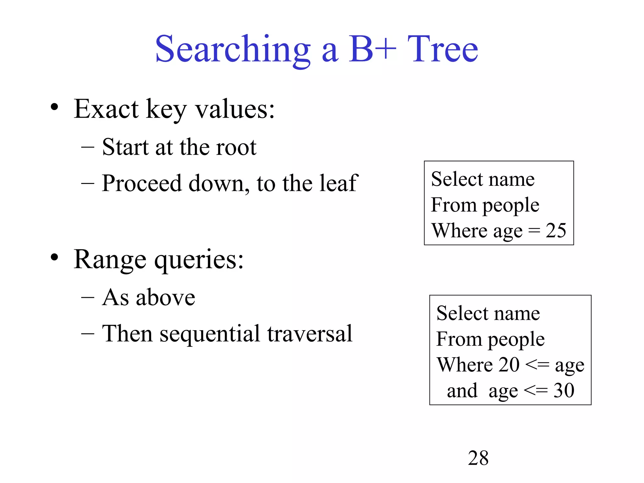 28
Searching a B+ Tree
• Exact key values:
– Start at the root
– Proceed down, to the leaf
• Range queries:
– As above
– Then sequential traversal
Select name
From people
Where age = 25
Select name
From people
Where 20 <= age
and age <= 30
 