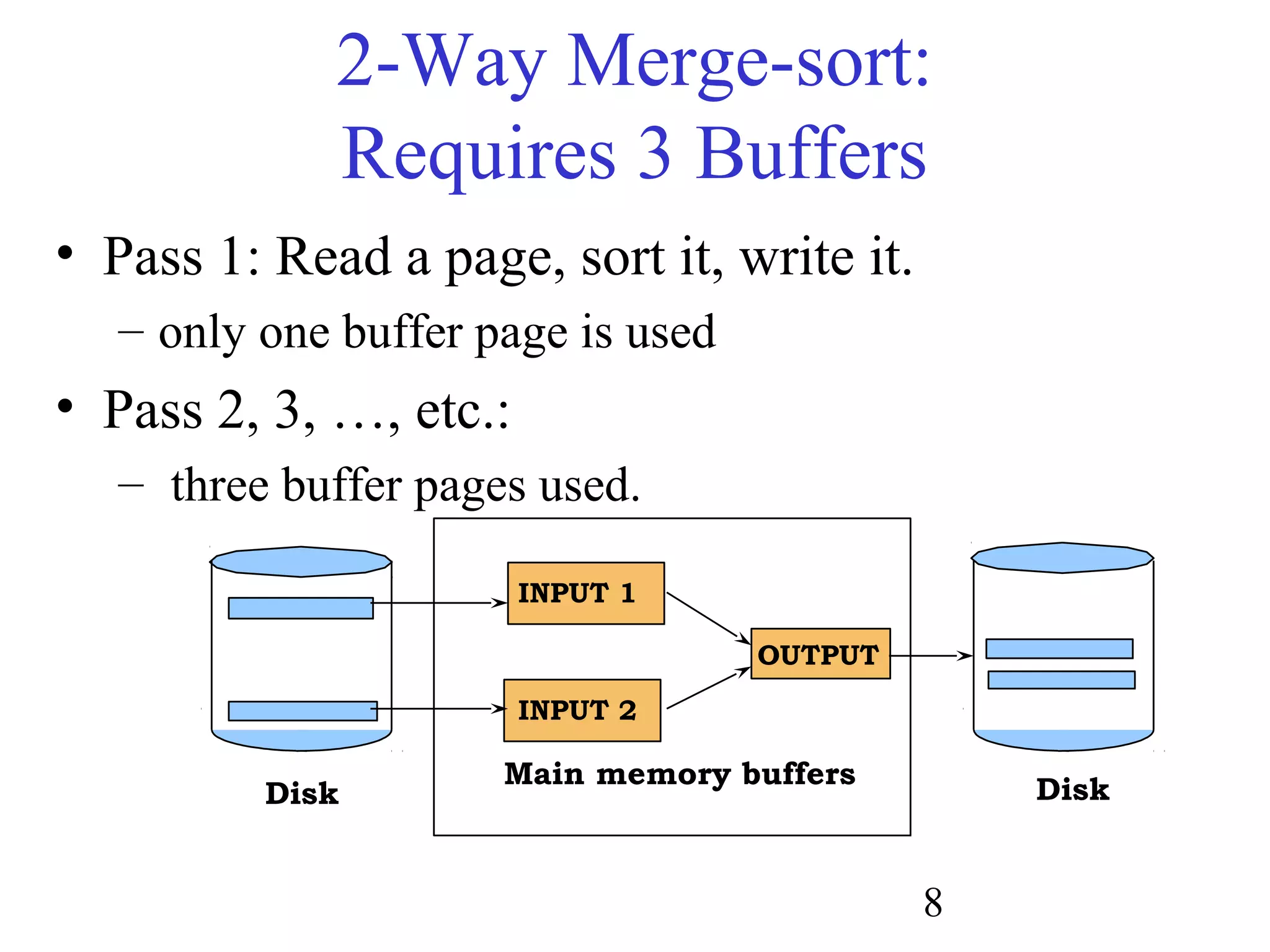 8
2-Way Merge-sort:
Requires 3 Buffers
• Pass 1: Read a page, sort it, write it.
– only one buffer page is used
• Pass 2, 3, …, etc.:
– three buffer pages used.
Main memory buffers
INPUT 1
INPUT 2
OUTPUT
DiskDisk
 