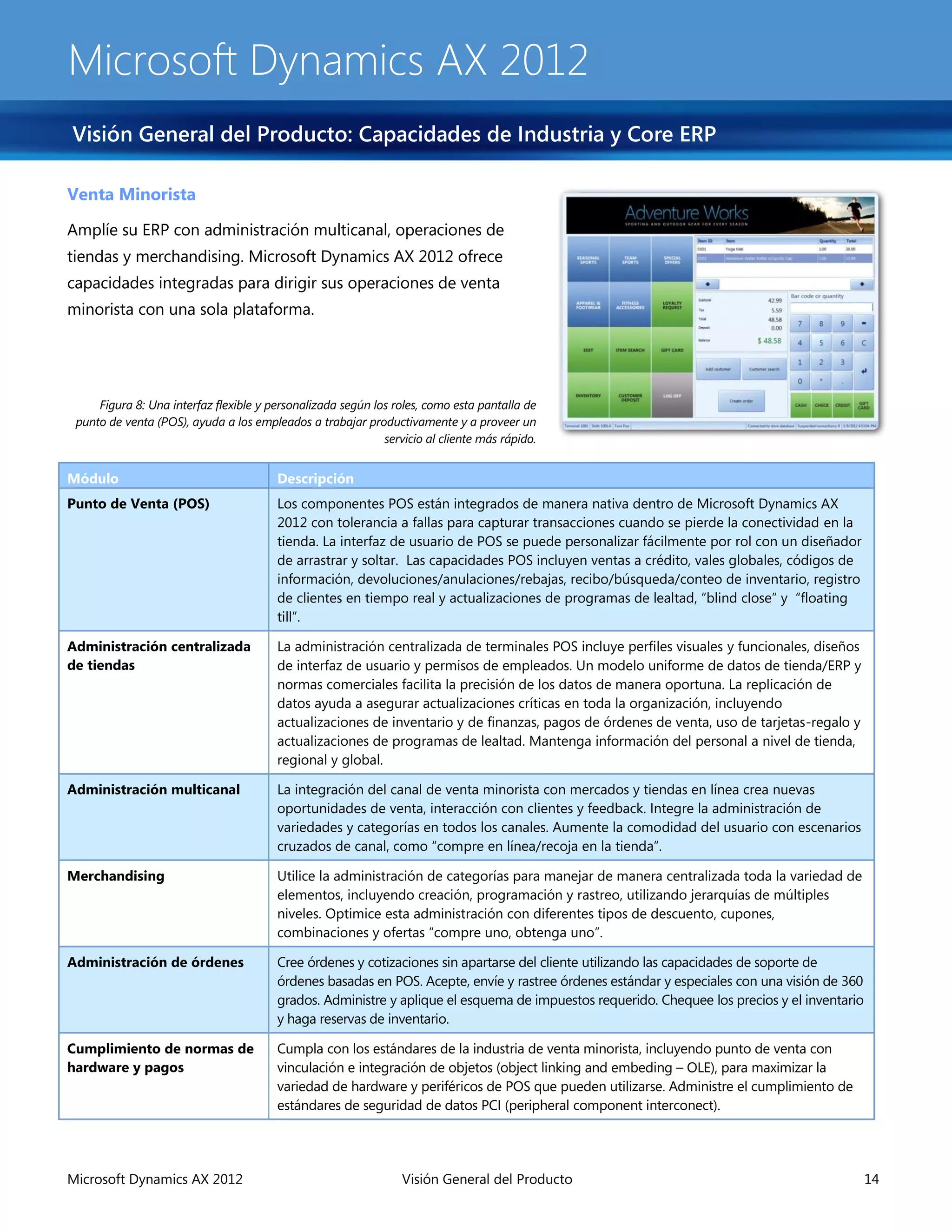 Microsoft Dynamics AX 2012
Visión General del Producto: Capacidades de Industria y Core ERP

Venta Minorista

Amplíe su ERP con administración multicanal, operaciones de
tiendas y merchandising. Microsoft Dynamics AX 2012 ofrece
capacidades integradas para dirigir sus operaciones de venta
minorista con una sola plataforma.




     Figura 8: Una interfaz flexible y personalizada según los roles, como esta pantalla de
 punto de venta (POS), ayuda a los empleados a trabajar productivamente y a proveer un
                                                             servicio al cliente más rápido.


Módulo                                  Descripción
Punto de Venta (POS)                    Los componentes POS están integrados de manera nativa dentro de Microsoft Dynamics AX
                                        2012 con tolerancia a fallas para capturar transacciones cuando se pierde la conectividad en la
                                        tienda. La interfaz de usuario de POS se puede personalizar fácilmente por rol con un diseñador
                                        de arrastrar y soltar. Las capacidades POS incluyen ventas a crédito, vales globales, códigos de
                                        información, devoluciones/anulaciones/rebajas, recibo/búsqueda/conteo de inventario, registro
                                        de clientes en tiempo real y actualizaciones de programas de lealtad, “blind close” y “floating
                                        till”.

Administración centralizada             La administración centralizada de terminales POS incluye perfiles visuales y funcionales, diseños
de tiendas                              de interfaz de usuario y permisos de empleados. Un modelo uniforme de datos de tienda/ERP y
                                        normas comerciales facilita la precisión de los datos de manera oportuna. La replicación de
                                        datos ayuda a asegurar actualizaciones críticas en toda la organización, incluyendo
                                        actualizaciones de inventario y de finanzas, pagos de órdenes de venta, uso de tarjetas-regalo y
                                        actualizaciones de programas de lealtad. Mantenga información del personal a nivel de tienda,
                                        regional y global.

Administración multicanal               La integración del canal de venta minorista con mercados y tiendas en línea crea nuevas
                                        oportunidades de venta, interacción con clientes y feedback. Integre la administración de
                                        variedades y categorías en todos los canales. Aumente la comodidad del usuario con escenarios
                                        cruzados de canal, como “compre en línea/recoja en la tienda”.

Merchandising                           Utilice la administración de categorías para manejar de manera centralizada toda la variedad de
                                        elementos, incluyendo creación, programación y rastreo, utilizando jerarquías de múltiples
                                        niveles. Optimice esta administración con diferentes tipos de descuento, cupones,
                                        combinaciones y ofertas “compre uno, obtenga uno”.

Administración de órdenes               Cree órdenes y cotizaciones sin apartarse del cliente utilizando las capacidades de soporte de
                                        órdenes basadas en POS. Acepte, envíe y rastree órdenes estándar y especiales con una visión de 360
                                        grados. Administre y aplique el esquema de impuestos requerido. Chequee los precios y el inventario
                                        y haga reservas de inventario.

Cumplimiento de normas de               Cumpla con los estándares de la industria de venta minorista, incluyendo punto de venta con
hardware y pagos                        vinculación e integración de objetos (object linking and embeding – OLE), para maximizar la
                                        variedad de hardware y periféricos de POS que pueden utilizarse. Administre el cumplimiento de
                                        estándares de seguridad de datos PCI (peripheral component interconect).




Microsoft Dynamics AX 2012                                       Visión General del Producto                                                  14
 