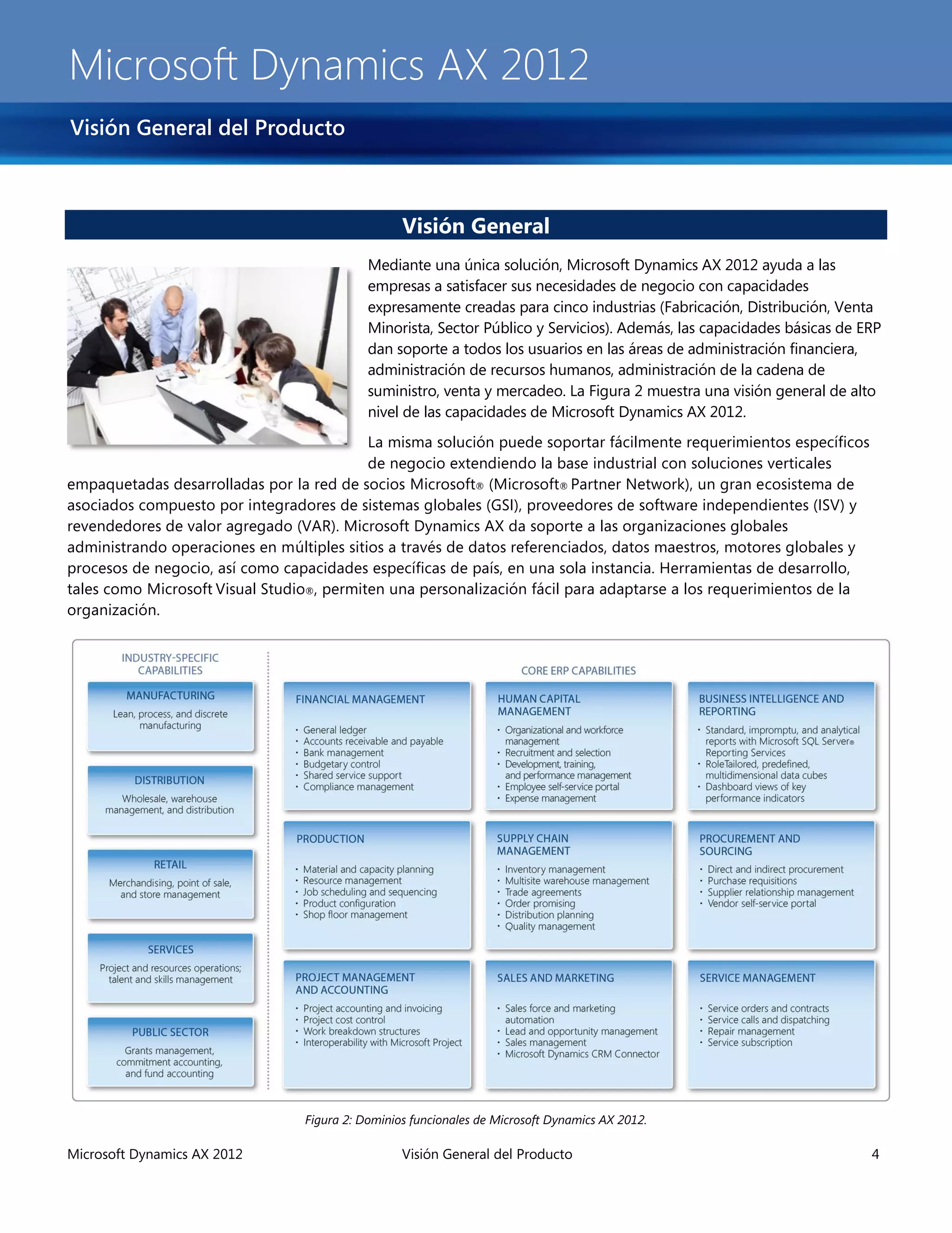 Microsoft Dynamics AX 2012
Visión General del Producto



                                                  Visión General
                                            Mediante una única solución, Microsoft Dynamics AX 2012 ayuda a las
                                            empresas a satisfacer sus necesidades de negocio con capacidades
                                            expresamente creadas para cinco industrias (Fabricación, Distribución, Venta
                                            Minorista, Sector Público y Servicios). Además, las capacidades básicas de ERP
                                            dan soporte a todos los usuarios en las áreas de administración financiera,
                                            administración de recursos humanos, administración de la cadena de
                                            suministro, venta y mercadeo. La Figura 2 muestra una visión general de alto
                                            nivel de las capacidades de Microsoft Dynamics AX 2012.
                                           La misma solución puede soportar fácilmente requerimientos específicos
                                           de negocio extendiendo la base industrial con soluciones verticales
empaquetadas desarrolladas por la red de socios Microsoft® (Microsoft® Partner Network), un gran ecosistema de
asociados compuesto por integradores de sistemas globales (GSI), proveedores de software independientes (ISV) y
revendedores de valor agregado (VAR). Microsoft Dynamics AX da soporte a las organizaciones globales
administrando operaciones en múltiples sitios a través de datos referenciados, datos maestros, motores globales y
procesos de negocio, así como capacidades específicas de país, en una sola instancia. Herramientas de desarrollo,
tales como Microsoft Visual Studio®, permiten una personalización fácil para adaptarse a los requerimientos de la
organización.




                                 Figura 2: Dominios funcionales de Microsoft Dynamics AX 2012.

Microsoft Dynamics AX 2012                        Visión General del Producto                                           4
 