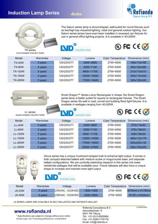Induction Lamp Series                                            -Bulbs


                                                    The Saturn series lamp is donut-shaped; well-suited for round fixtures such
                                                    as low/high bay industrial lighting, retail and general outdoor lighting. Our
                                                    Saturn series lamps have even been installed in recessed can fixtures for
                                                    use in general office lighting projects. It is available in 40-200W.




            TX series
    round-shaped induction bulbs

   Model                Warrantee                   Voltage                 Lumens         Color Temperature Dimensions (mm)
  TX-40W                  5 years                120/220/277              2400~2800            2700~6500            190x110x190
  TX-80W                  5 years                120/220/277              5200~7140            2700~6500            260x120x260
  TX-120W                 5 years                120/220/277              9400~11700           2700~6500            310x115x310
  TX-150W                 5 years                120/220/277              12000~14550          2700~6500            340x115x340
  TX-200W                 5 years                120/220/277              17000~19400          2700~6500            345x130x345




                                                    Smart Dragon™ Series Lamp Rectangular in shape, the Smart Dragon
                                                    series lamp is better suited for square or rectangular fixtures. The Smart
                                                    Dragon series fits well in road, tunnel and building flood light fixtures. It is
                                                    available in wattages ranging from 40-200W.

            LL series
   square-shaped induction bulbs

   Model                Warrantee                   Voltage                 Lumens         Color Temperature Dimensions (mm)
  LL-40W                  5 years                120/220/277              2400~2800            2700~6500             270x114x42
  LL-80W                  5 years                120/220/277              5200~7140            2700~6500             376x138x54
  LL-120W                 5 years                120/220/277              9400~11700           2700~6500             446x138x54
  LL-150W                 5 years                120/220/277              12000~14550          2700~6500            480x115x170
  LL-200W                 5 years                120/220/277              17000~19400          2700~6500            520x200x140
  LL-300W                 5 years                120/220/277              25000~27600          2700~6500            595x135x225


                                 Venus series has a unique mushroom-shaped bulb to enhance light output. It comes in
                                 both compact attached ballast with medium screw or mogul screw base, and separate
                                 ballast configurations. We are currently extending research in this series into lower
                                 residential wattages that will be available soon. Future releases will also have a unique
                                 shape to increase and maintain even light output




   Model                 Warrantee                   Voltage                 Lumens         Color Temperature Dimensions (mm)
   JX-23W                  5 years           230VAC, 12/24VDC              1200~1400            2700~6500        W79mm x H178mm
   JX-40W                  5 years           230VAC, 12/24VDC              2400~2800            2700~6500          W120 x H235mm

  JX SERIES LAMPS ARE AVAILABLE IN SELF BALLASTED AND SEPARATE BALLAST

                                                                          Rofianda Consultancy B.V.                       V102009YANG


  www.rofianda.nl                                                         Aphroditestraat 13
                                                                          5047 TW Tilburg
   * Specifications are subject to change without prior notice            Tel.: +31-(0)13-8500964
   /Änderungen der Produktspezifikationen vorbehaltlich                   Fax: +31-(0)84-7125179
                                                                          Email: info@rofianda.nl
 