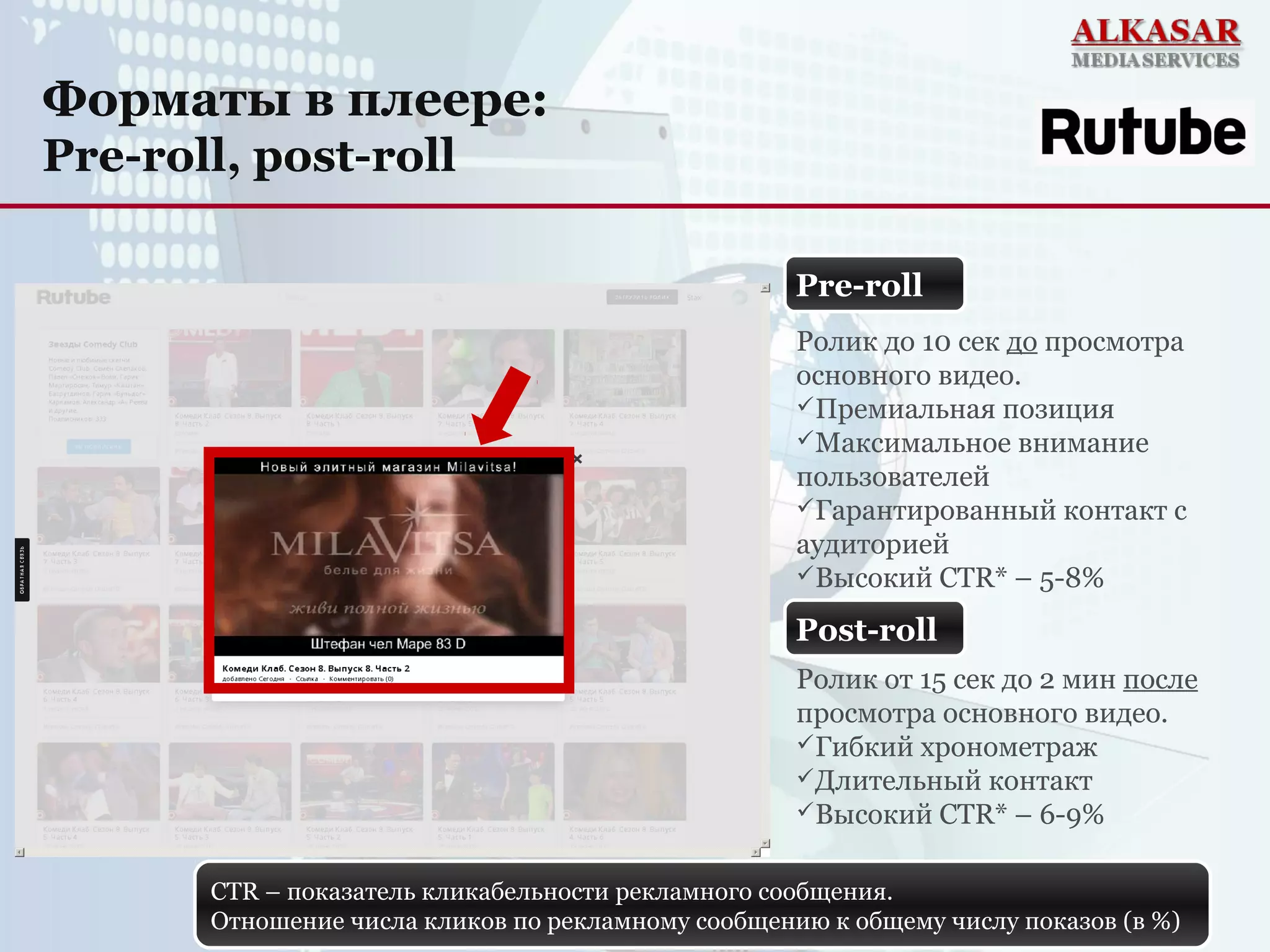 Форматы в плеере:
Pre-roll, post-roll
Ролик до 10 сек до просмотра
основного видео.
Премиальная позиция
Максимальное внимание
пользователей
Гарантированный контакт с
аудиторией
Высокий CTR* – 5-8%
Ролик от 15 сек до 2 мин после
просмотра основного видео.
Гибкий хронометраж
Длительный контакт
Высокий CTR* – 6-9%
Pre-roll
Post-roll
CTR – показатель кликабельности рекламного сообщения.
Отношение числа кликов по рекламному сообщению к общему числу показов (в %)
 