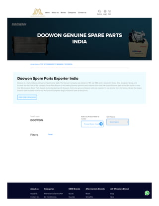 Smart Parts / TOP AFTERMARKETS BRANDS / DOOWON
Doowon Spare Parts Exporter India
Doowon is a manufacturing company of automotive parts. The Doowon company was started on 18th Jan 1989, and is situated in Korea. Kim, Jongwan/ Seong, and
Kicheon are the CEOs of the company. Smart Parts Exports is the leading Doowon genuine parts exporter from India. We export Doowon parts across the world in more
than 80 countries. Smart Parts Exports is directly dealing with Doowon, that’s why genuine Doowon parts are exported to you directly from the factory. We are the largest
Doowon parts exporter from Korea. We have the complete range of Doowon parts at best prices.
Total 0 parts
DOOWON
Search by Product Name or
number
Product Name / Code 
Sort Products
Select Option
Filters Reset
About us
About Us
Contact Us
Categories
Maintenance Service Part
Air Conditioning
OEM Brands
Suzuki
Hyundai
Aftermarkets Brands
Bosch
Schaeffler
2/3 Wheelers Brand
Bajaj
Hero
VIEW OEM CATALOGUE
DOOWON GENUINE SPARE PARTS
INDIA
Home About Us Brands Categories Contact Us
Explore


Login Cart
 