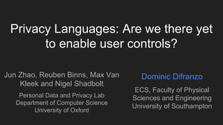 Privacy Languages: Are we there yet
to enable user controls?
Jun Zhao, Reuben Binns, Max Van
Kleek and Nigel Shadbolt
Personal Data and Privacy Lab
Department of Computer Science
University of Oxford
Dominic Difranzo
ECS, Faculty of Physical
Sciences and Engineering
University of Southampton
 