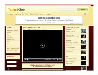 Search



Homepage     Top Videos   New Videos   Random video    Contact us    Register



                                                    Help those most in need
                              Eradicate extreme poverty & hunger Support Concern Worldwide
                                                               www.concern.net
                                                                                             Public Service Ads by Google



GENRE                     MUSIC VIDEO OF THE DAY                                    TOP MUSIC VIDEOS
                          Now Playing: Katharine McPhee - I Lost You                Bob Sinclar
Best Rock Songs
                                                                                    The Beat Goes On
Blues

Dance                                                                               Guru Josh Project

Hip-Hop                                                                             Infinity (Klaas vocal edit)

House & DJ
                                                                                    Bob Sinclar
Latin                                                                               What I want by Fireball
Pop
                                                                                    Supertramp
R'n'B
                                                                                    It's Raining Again
Rock & Alternative

World & Reggae                                                                      Massive Attack
                                                                                    Protection


MEMBERS                                                                             Dido
                                                                                    don't believe in love

Username
                                                                                    Black Label Society
                                                                                    Devil's Dime
Password
                                       VIDEOS BEING WATCHED RIGHT NOW
                                           No videos are being watched right now.   Westwood
g Remember Me
c
d
e
f                                                                                   Swag Surfin dance (short)
 
