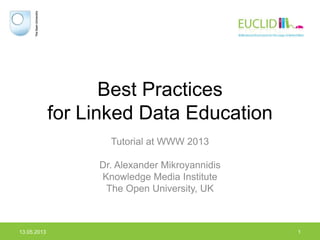 Best Practices
for Linked Data Education
Tutorial at WWW 2013
Dr. Alexander Mikroyannidis
Knowledge Media Institute
The Open University, UK
13.05.2013 1
 