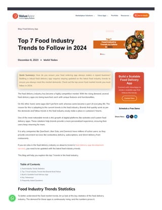 Blog / Food Delivery App
Top 7 Food Industry
Trends to Follow in 2024
December 8, 2023 Mohit Yadav
Quick Summary: How do you ensure your food ordering app always makes a repeat business?
Building a robust food delivery app requires staying updated on the latest food industry trends to
ensure you always meet the market demands. Check out the top seven food market trends you must
follow in 2024.
The food delivery industry has become a highly competitive market. With the rising demand, several
food delivery apps are being launched, each with unique features and functionalities.
On the other hand, some apps don’t perform well, whereas some become a part of everyday life. The
reason for this is adapting to the current trends in the food industry. Brands that quickly work as per
the demands and follow trends in the food industry easily make a place in customers’ hearts.
One of the most noticeable trends is the growth of digital platforms like websites and custom food
delivery apps. These solutions help brands provide a more personalized experience, ensuring their
users keep returning for more.
It is why companies like DoorDash, Uber Eats, and Domino’s have millions of active users, as they
provide convenient services like contactless delivery, subscriptions, and direct delivery from
restaurants.
If you are also in the food delivery industry or about to invest in food delivery app development
services, you need to be updated with the latest food industry trends.
This blog will help you explore the top 7 trends in the food industry.
Food Industry Trends Statistics
To better understand the food market trends, let us look at the key statistics of the food delivery
industry. The demand for these apps is continuously rising, and the numbers prove it.
Table of Contents
1. Food Industry Trends Statistics
2. Top 7 Food Industry Trends that Brands Must Follow
3. Build a Scalable Food Delivery App
4. Key Takeaways
5. Frequently Asked Questions
Schedule a Free Demo
Share Now :
Build a Scalable
Build a Scalable
Food Delivery
Food Delivery
App
App
Connect with ValueAppz to
create a scalable app that
follows the trends.
Contact Now

Marketplace Solutions ⌵ Portfolio
Clone Apps ⌵ Resources ⌵ Get in touch
 