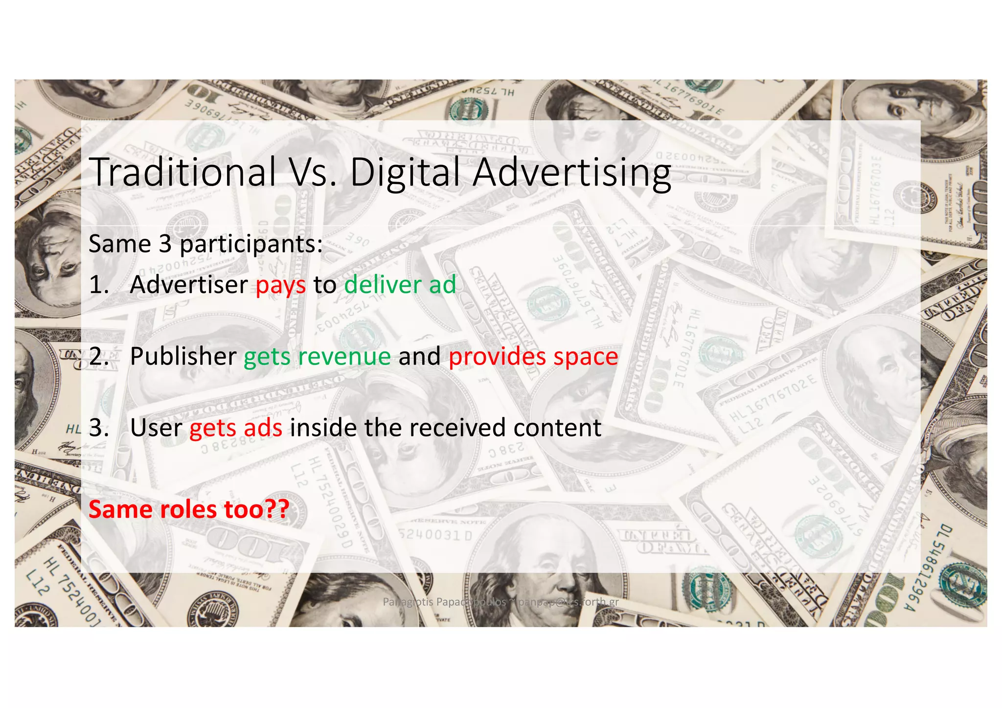 Traditional Vs. Digital Advertising
Same 3 participants:
1. Advertiser pays to deliver ad
2. Publisher gets revenue and provides space
3. User gets ads inside the received content
Same roles too??
Panagiotis Papadopoulos ~ panpap@ics.forth.gr
 
