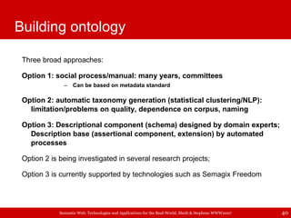 Building ontology <ul><li>Three broad approaches: </li></ul><ul><li>Option 1: social process/manual: many years, committee...