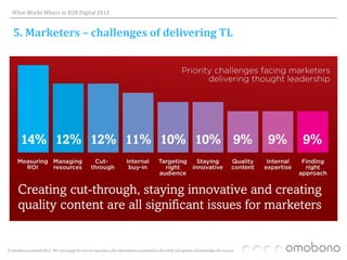 What Works Where in B2B Digital 2012


   5. Marketers – challenges of delivering TL




© Omobono Limited 2012. We are happy for you to reproduce the information contained in this slide, but please acknowledge the source.
 